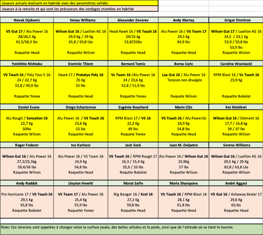 Tableau de quelques joueurs actuels qui jouent en hybride et des précurseurs comme Federer et Agassi